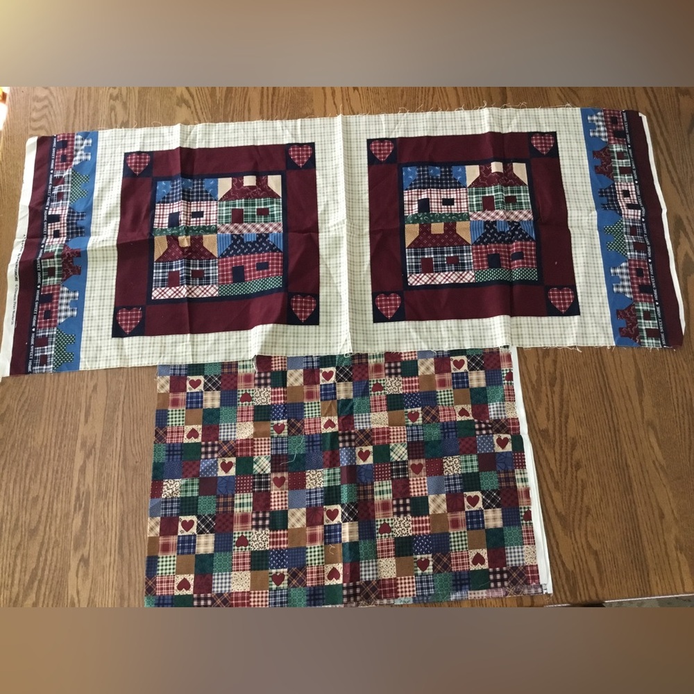 Vtg Cotton Quilting Fabric Faux Patchwork Houses Country Primitive Hearts Panel